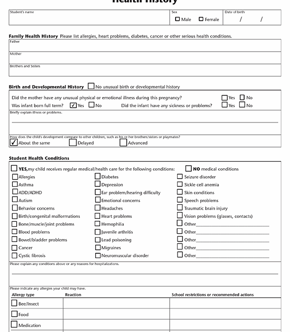 Health History Form for Pre-School & Kindergarten